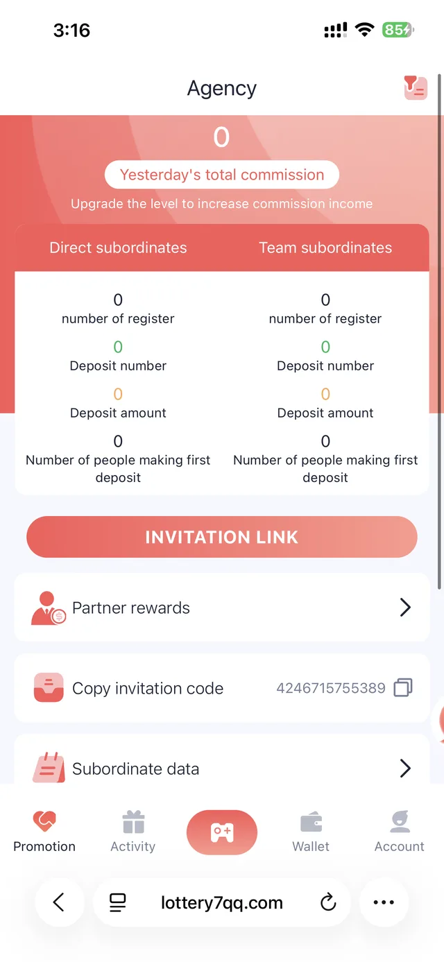 Lottery 7 agency dashboard tracking direct and team subordinates, commission, and invitation link