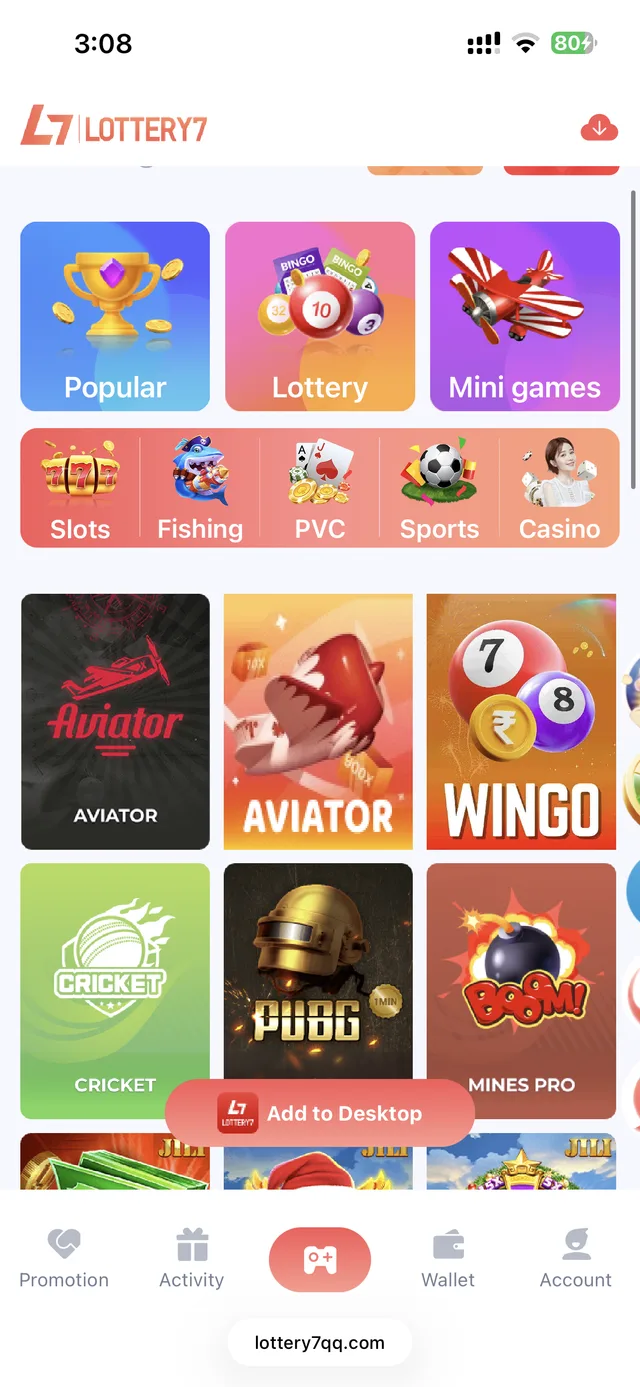 Lottery 7 game lobby grid showing Aviator, Win Go, Cricket, PUBG, Mines Pro, and slot titles