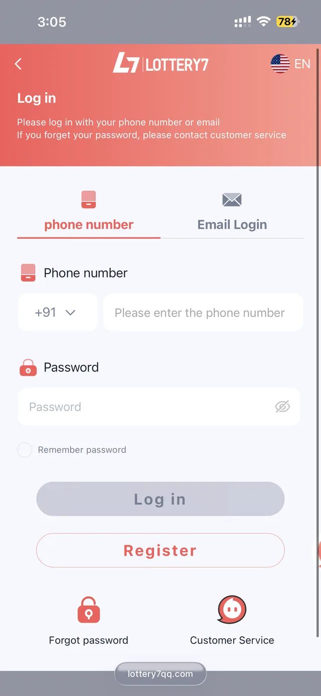 Lottery 7 login screen with phone number and email login tabs, plus forgot password and customer service links