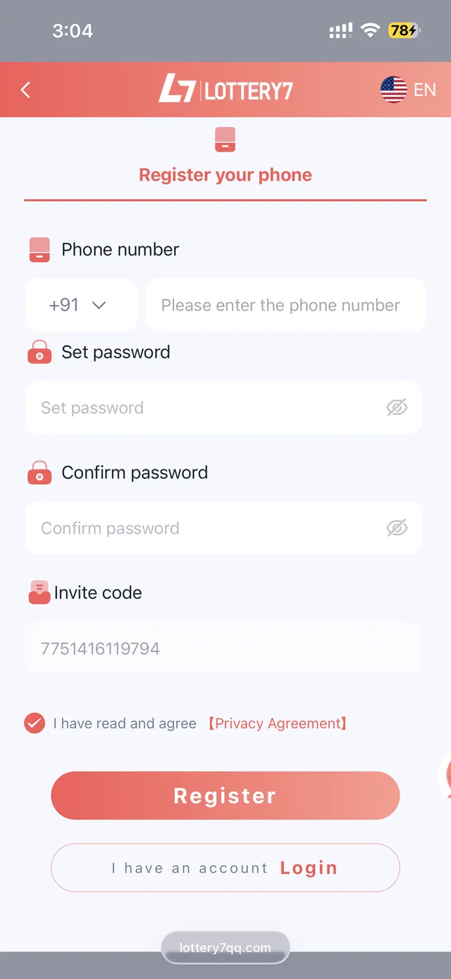 Lottery 7 register screen showing phone number, password, confirm password, and invite code fields