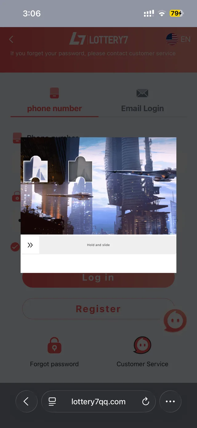 Lottery 7 slide-to-verify security check shown during login