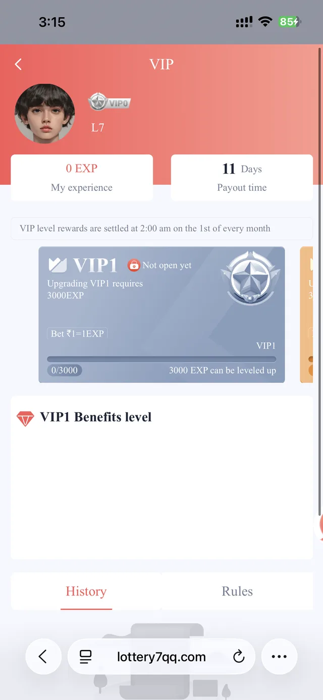 Lottery 7 VIP level screen showing experience points, progress bar, and payout time