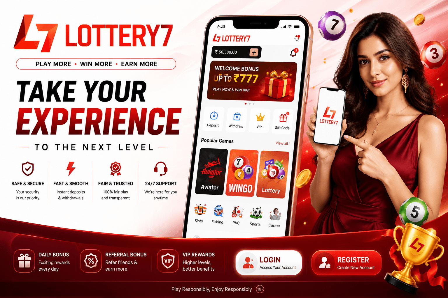 Lottery 7 — play more, win more, earn more. Take your gaming experience to the next level with a safe, fast, fair and 24/7 supported platform. Daily bonuses, referral bonuses and VIP rewards. Login or register to start.