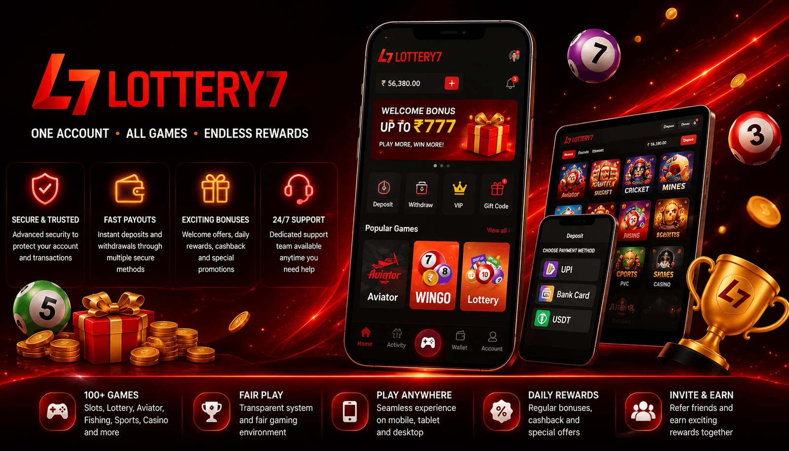 Lottery 7 login — one account, all games, endless rewards, with welcome bonus, wallet and popular games shown on the app